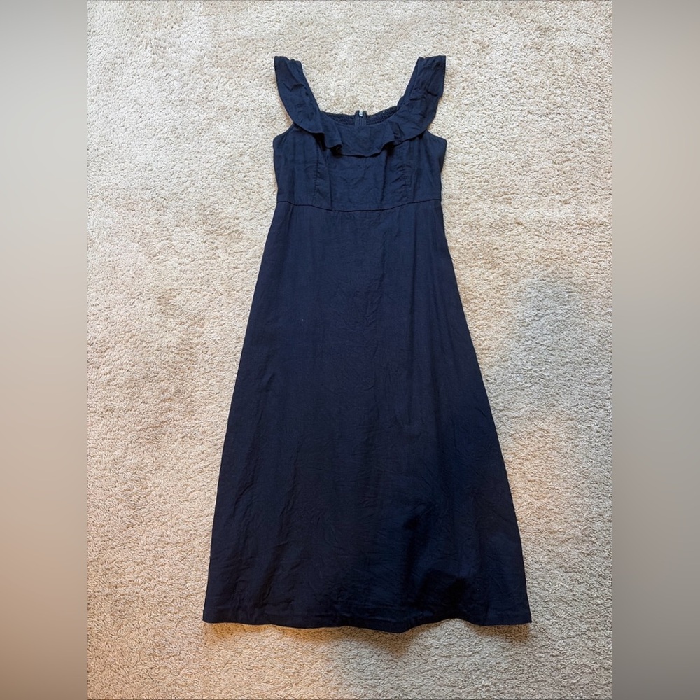 Ann Taylor Navy Blue Linen Blend Ruffle Midi Summer Dress Size Small/6